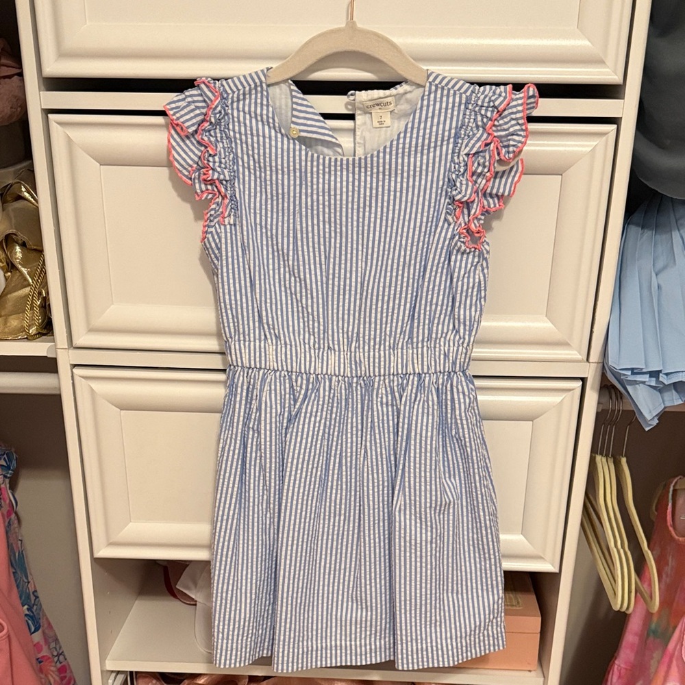 Blue and White Striped Kids Dress with Pink Accents